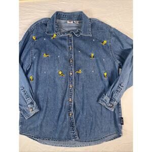 Vintage Tweety Bird Denim Shirt Womens M Embroidered Looney Tunes 100% Cotton